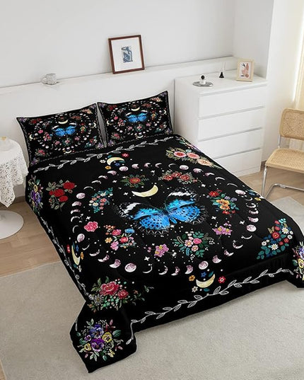 Sun and Moon Kids Comforter Set Full Size,Starry Sky Galaxy Planet Trippy Bedding Set,Boys Girls Adults Room Decor,Butterfly Flowers Boho Exotic Down Comforter,Colorful Duvet Insert,2 Pillowcases