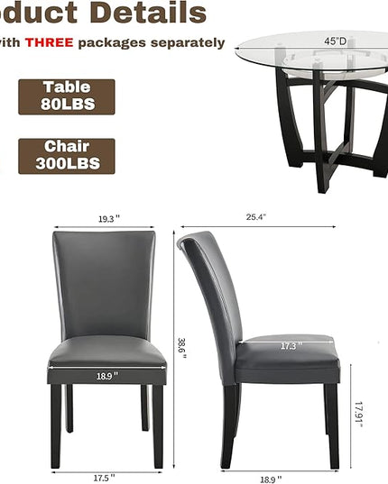 PADMA HOUSE Round Glass Dining Table Set for 2, 45in Modern Kitchen Small Wood Dinner Table with 2 Parsons Leather Dining Chairs 3 Piece Dining Room Table Chair Set, Clear&Grey