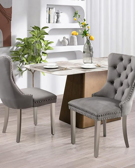 SoarFlash Velvet Dining Chairs Set of 2, Tall Back Side Chair, Modern Upholstered High-end Tufted Side Chair with Button Back Ring, Silver Legs (Grey)