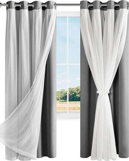 Hiasan Grey Blackout Curtains with Sheer Overlay, Grommet Thermal Insulated Privacy Mix & Match Double Layer Room Darkneing Curtains for Bedroom, Living Room, 2 Window Panels with Tiebacks, 52W X 84L