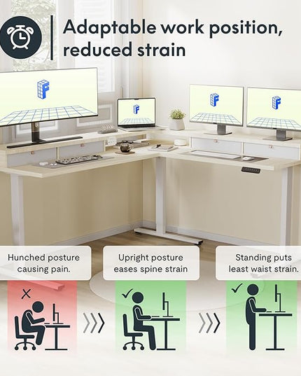 FLEXISPOT 63" L Shaped Standing Desk with Shelf Electric Corner Table, Drawers, Adjustable Computer Workstation for Home, Office,USB Charging Port, 63x55in, Light Maple Top + White Frame