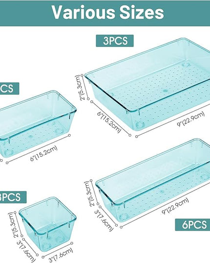 WOWBOX 25 PCS Plastic Drawer Organizer Set, 4 Sizes Desk Drawer Divider Organizers and Storage Bins for Makeup, Jewelry, Gadgets for Kitchen, Bedroom, Bathroom, Office, Sea Blue