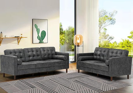 84 Inches Suede Leather Couch with Bolster Pillows, Comfy 3 Seater Sofa with Tufted Back Cushions, Modern Couch with Sturdy Legs for Living Room, Office, Bedroom, Grey