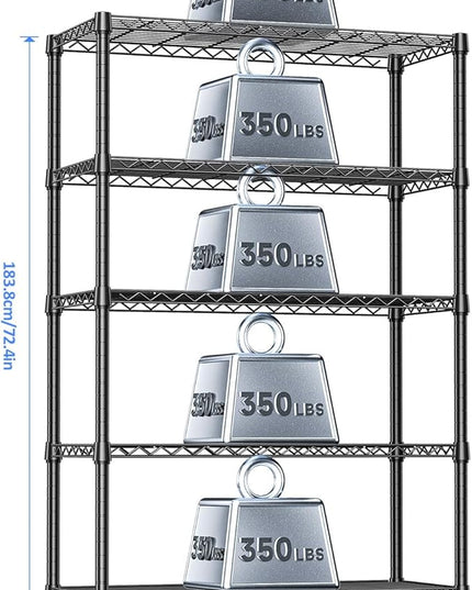 IZEUK 5-Tier Heavy Duty Metal Storage Shelving Unit (Black, 17.7" D x 47.2" W x 72.3" H, 1750 lbs Capacity), Adjustable Steel Wire Rack Shelf Organizer for Garage, Kitchen, Basement, Laundry, Office