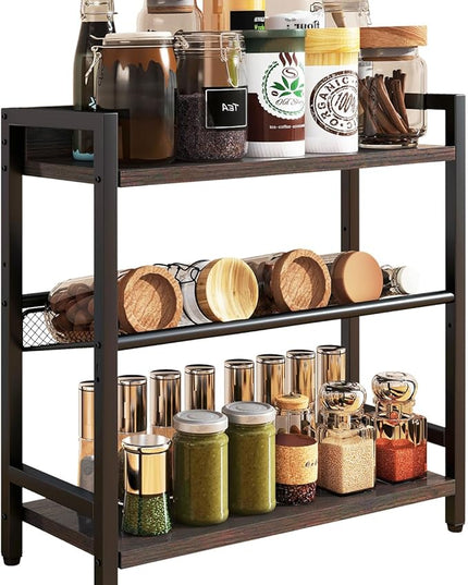 IBUYKE 3-Tier Spice Rack Industrial Counter Shelf Desktop Storage Organizer Standing Seasoning Rack for Countertop Kitchen Office Living Room Desktop Dark Grey UTLJ021G