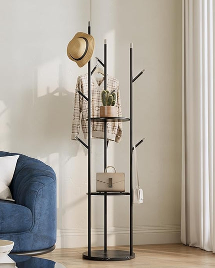 metal Coat Rack whit Marble base,heavy duty coat hanger Stand, Freestanding Coat Racks with 3 Shelves and 9 Hooks,Coat Tree for Entryway, Bedroom, Coats, Bags,purse