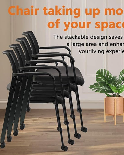 CLATINA Stacking Office Chair with Wheels, Mesh Back Waiting Room Guest Chairs with Arms Comfortable Leather Cushion Stackable Desk Chair for Conference Reception School Side Stationary, Black