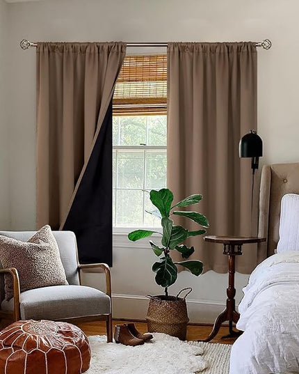 BGment Thermal Insulated 100% Blackout Curtains for Bedroom with Black Liner, Double Layer Full Room Darkening Noise Reducing Rod Pocket Curtain (42 x 63 Inch, Taupe, 2 Panels)