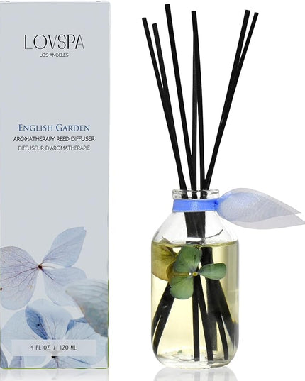 LOVSPA Reed Diffuser Set, English Garden Scented Oil Diffuser with Sticks, Home Fragrance Accessories for Bathroom Shelf Decor, Aroma Diffusers for Home or Office Desk, USA Made