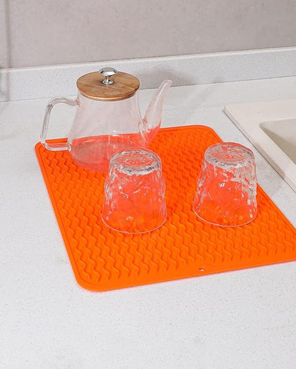 Silicone Dish Drying Mat for Multiple Usage,Easy clean,Eco-friendly,Heat-resistant Silicone Mat for Kitchen Counter or Sink,Refrigerator or drawer liner Orange L 16 inches x 12 inches