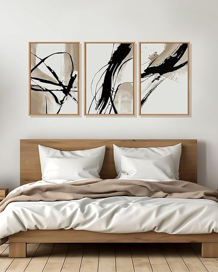 HOURIA Large Abstract Tan and Black Brush Stroke Framed Canvas Wall Art Set,Textured Beige Circle Wall Decor,Minimalism Brown Ink Line Artwork,Modern Shape Art Print for Living Room,Bedroom- 24"x36"x3