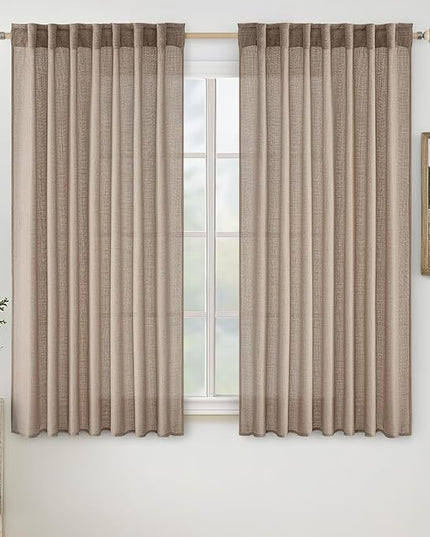 MIULEE Taupe Linen Curtains 54 Inch Length 2 Panels for Bedroom Living Room, Soft Thick Linen Textured Natural Short Window Drapes Semi Sheer Light Filtering Back Tab Rod Pocket Burlap Look Decor