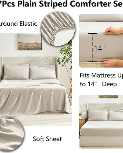 CozyLux Queen Comforter Set Beige, 7 Pieces Bed in a Bag, Beige Comforter Queen Size, All Season Bedding Sets with Stitch Quilted Comforter, Flat Sheet, Fitted Sheet, Pillowcases