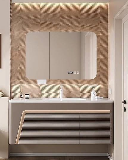 28IN Modern Bathroom Vanity - Floating Bathroom Vanity with Sink with Rounded Corner Smart Mirror Cabinet & Smart Defogging | Wave Panel Design & Large Storage Space