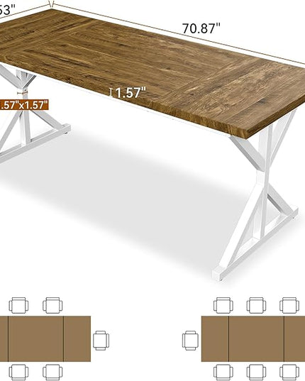 70.8 Inch Rectangular Dining Table for 6-8 People, Farmhouse Kitchen Table with Metal Base & Solid Wood Top, Easy Assembly, Water-Resistant, for Dining Room & Kitchen, Natural & White