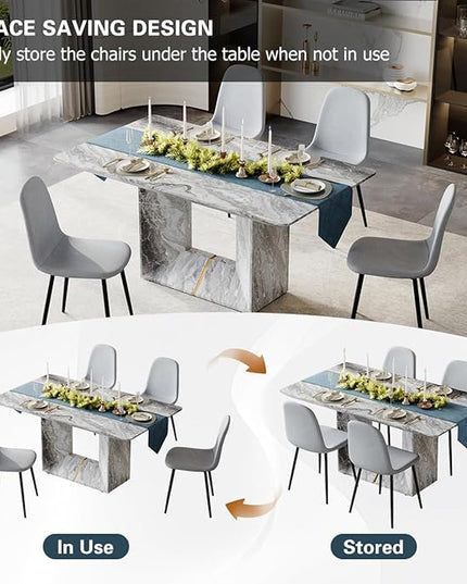 Dinner Table Set for 4, 5 Piece Dining Table Set with Chairs, 63" Faux Marble Modern Table with 4 Linen Fabric Chairs, for Kitchen & Dining Room