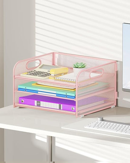 3 Tier Paper Organizer with Handle, Metal Desk Organizer Mesh Paper Letter Tray Desktop File Folder Document Sorter for Classroom, School, Office Accessories Organization and Storage - Pink