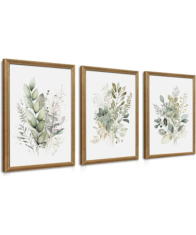 WRFON Watercolor Botanical Wall Art Set of 3 Boho Sage Green Wildflower Canvas Wall Art Prints Modern Floral Wall Decor for Bedroom Living Room Bathroom Decorations Wood Framed 12x16 Inches