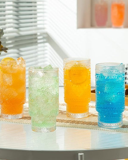 16oz Drinking Glasses Set of 4, 2 Hobnail Glasses & 2 Embossed Water Goblets, Flower Design Stackable Vintage Tumbler Glasses, Old Fashion Beaded Glass Cups for Cocktail, Iced Coffee, Beer