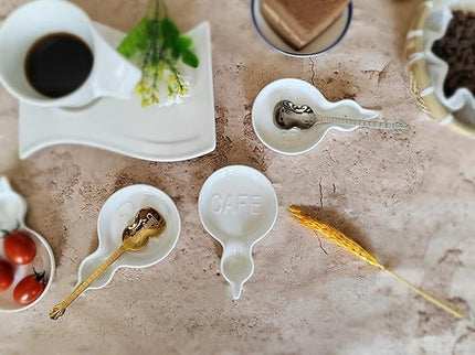 Coffee Spoon Rest for Coffee Bar Accessories, Small Spoon Rest for Coffee Station, Ceramic Tea Spoon Teaspoon Rest Teaspoon Holder (White, CAFE Pattern)