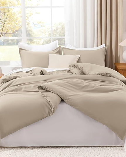 Litanika Khaki Comforter Set Queen Size, 3 Pieces Solid Bedding Comforter Set, All Season Down Alternative Bed Set (90x90In Comforter & 2 Pillowcases)