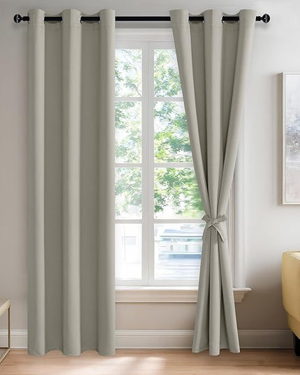 JIUZHEN Blackout Curtains with Tiebacks - Thermal Insulated, Light Blocking and Noise Reducing Grommet Curtain Drapes for Bedroom and Living Room, Set of 2 Panels, Silver Grey, 42 x 84 Inch Length
