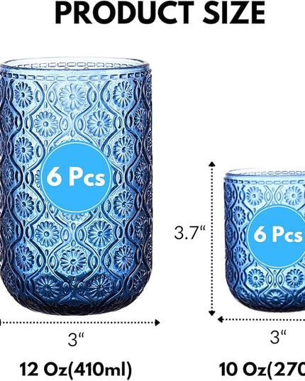 Blue Drinking Glasses Set of 12, 12 Oz Highball & 10 Oz Cocktail Glasses, Blue Kitchen Vintage Glassware Set, Floral Embossed Glass Tumbler Cups for Water, Beer, Juice, Whiskey, Coffee