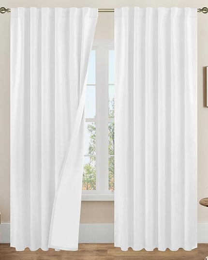 LAMIT 100% Blackout Curtains for Living Room, 95 Inches Linen Textured Thermal Insulated Bedroom Curtains Back Tab and Rod Pocket Farmhouse Panels with White Liner, 2 Panels, 52 x 95 Inch, White