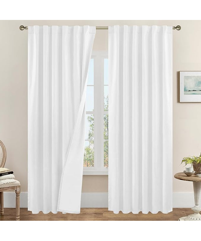 LAMIT 100% Black Out Curtains for Living Room, 90 Inches Linen Textured Thermal Insulated Bedroom Curtains Back Tab and Rod Pocket Farmhouse Panels with White Liner, 2 Panels, 52 x 90 Inch, White