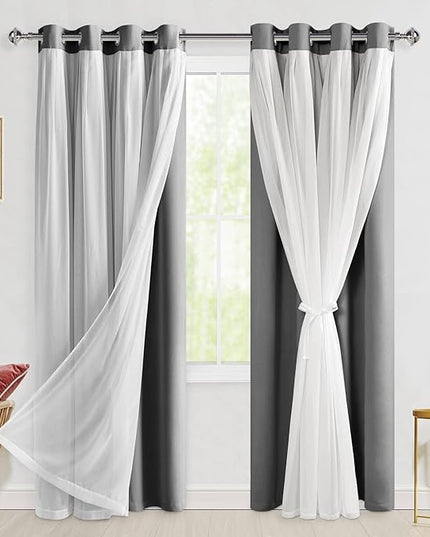 Hiasan Grey Blackout Curtains with Sheer Overlay, Grommet Thermal Insulated Privacy Mix & Match Double Layer Room Darkneing Curtains for Bedroom, Living Room, 2 Window Panels with Tiebacks, 52W X 84L