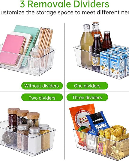 wilfox Pantry Organization, 3 Pack Clear Organizer Bins with Removable Dividers for Pantry, Kitchen, Fridge, Cabinet, Stackable Storage Bins for Snack, Pouches, Spice Packets