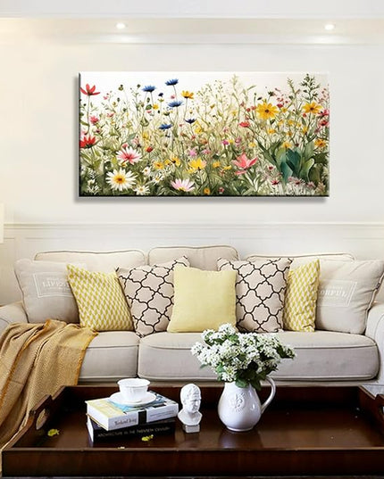 KZKU Watercolor Floral Botanical Prints Wildflower Pictures Wall Decor Colorful Plant Paintings Canvas Prints 24" x 48" Wall Art for Living Room Bedroom Office Home Decor Ready to hang