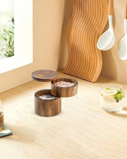 Salt Cellar – Pepper Container with Magnetic Swivel Lid Wooden Coffee and Sugar Storage Cellar Bowl with Spoon, Ideal for Seasoning, Cooking, Dining Table, Kitchen Countertop 3.54in