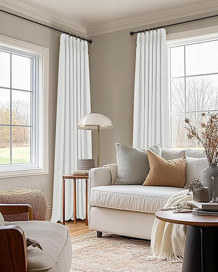 100% Blackout Shield Linen Look Textured Pinch Pleated Curtains Blackout Drapes 108 Inch Long 2 Panels Set, Faux Linen Blackout Curtains for Bedroom & Living Room, 40" W x 108" L, Bright White