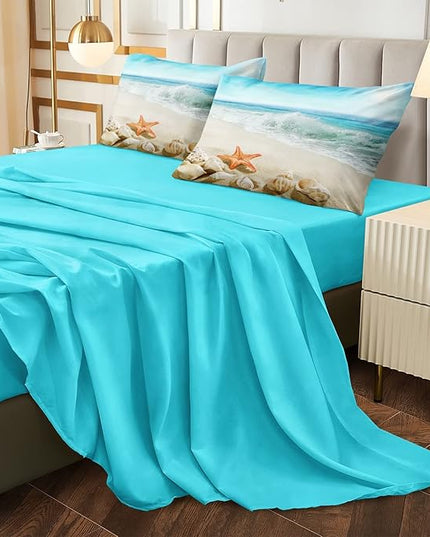Bedbay Beach Comforter Set 8 Pcs Queen Bed in a Bag Coastal Bedding Ocean Beach Themed Bedding Set Queen Comforter with Sheets Turquoise Seaside Starfish Quilt Set (Aqua,Queen)