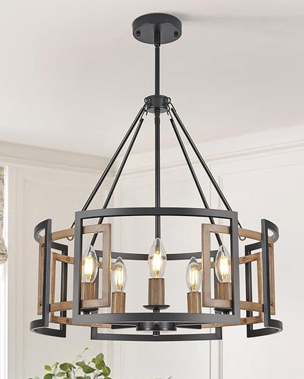 5-Light Drum Chandelier for Dining Room，19.7" Rustic Farmhouse Dining Room Light Fixture，Wood Grain and Vintage Black Metal Chandeliers for Kitchen Entryway Living Room