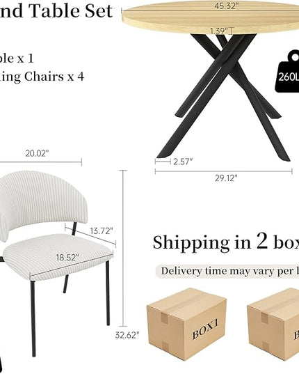 45.3 Inch Round Dining Table Set for 4, Mid Century Modern Small Coffee Set for Dining Room Kitchen Apartment (Cream Table + 4 White Shell Chairs)