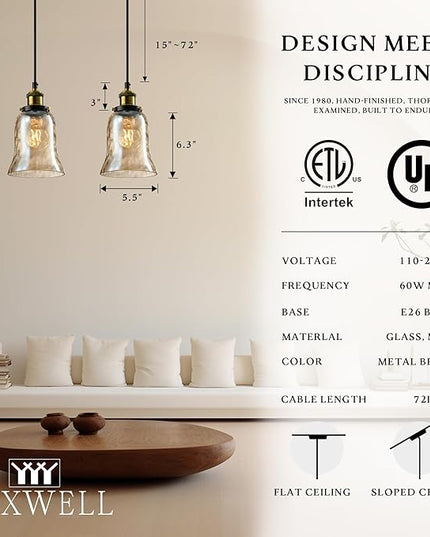 Modern Glass Pendant Light, 5.5"x6.3" Amber Ribbed Globe Light Fixture with Gold Cap, 15"-72" Adjustable Cord, E26 Socket for Dining or Lounge Areas – Sunrise Glow Trumpet