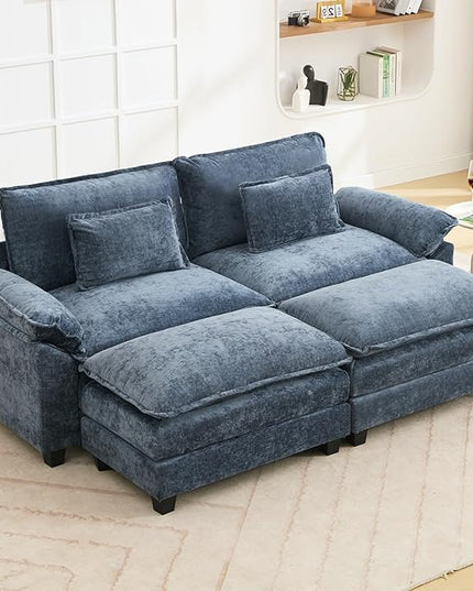 86" Modular Sectional Sofa, Comfy Cloud Couch Sectional Sofa with Ottoman, Chenille Sofa Sleeper Deep Seat Sofa with Throw Pillows for Living Room (Blue)