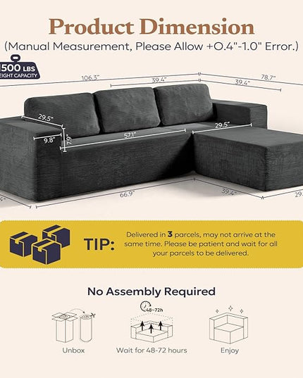 106" Cloud Sectional Couch, Left/Right Facing Convertible Sofa with Deep Seat, L-Shape Modular Upholstered Foam Couch for Living Room Bedroom, No Assembly Required (Corduroy Fabric, Grey)