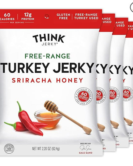 Think Jerky Sriracha Honey Turkey Jerky, High Protein Free-Range Turkey, Gluten Free, No Antibiotics or Nitrates, Healthy Chef Crafted Recipe, Low Calorie and Low Fat - 2.2 oz Bags, 4 Pack