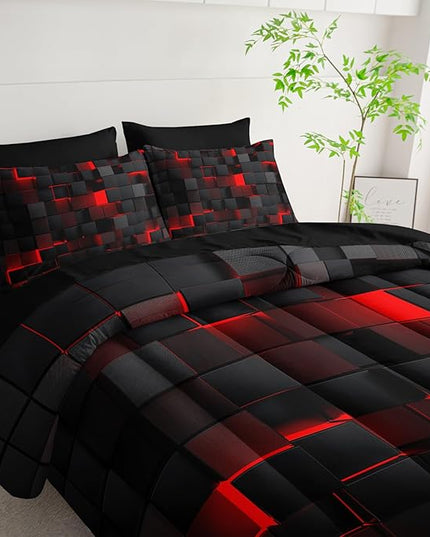 Geometric Red Black Full Comforter Set,Light Honeycomb Bedding Set 7 Piece in A Bag,Bed Sheet Set Geometry Decor,Microfiber Lightweight All Season
