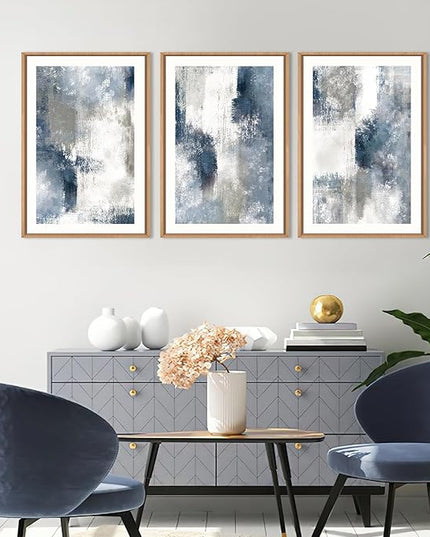 HOURIA Abstract Navy Blue Gray Framed Canvas Wall Art Set,Neutral White Brush Stroke Wall Decor,Minimalist Color Block Shapes Artwork,Modern Pastel Prints for Living Room,Bedroom,Farmhouse- 16"x24"x3