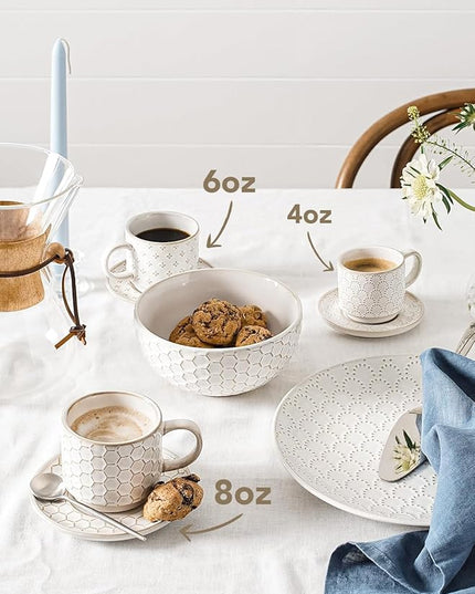 LE TAUCI Stackable Cappuccino Cups 8 oz with Saucers and Stand, Ceramic Large Latte Cup for Au Lait, Cafe, Mocha,Tea, Dishwasher Oven Safe - Set of 4, Arctic white