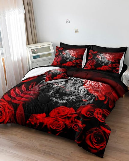 Bedbay 8 Pcs Wild Animal Comforter Rose Leopard Comforter Set Full Size Boys Teen Wildlife Cheetah Bedding Bed in a Bag Set Red Rose Leopard Printed Soft Fluffy Comforter Bed Set 8 Pcs(Black,Full)