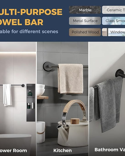 14.6inch~24inch Towel Racks for Bathroom,Adjustable Suction Cup Towel Bar for Bathroom Wall,Stainless Steel Bath Towel Holder for Shower,2 Pack(Matte Black)