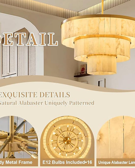 D34.3 Round Alabaster Chandelier, 3-Tier Brass Marble High Ceiling Chandeliers, Modern Dining Room Chandeliers Living Room Light for Entryways, Foyer, Stair, Kitchen Gold(Include Bulbs)