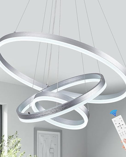 3-Rings D23.6 Modern LED Chandelier Silver Dimmable Pendant Lighting with Remote Control Circular Flush Mount High Ceiling Light for Dining Room Living Room Bedroom Entrance Foyer, 3000K-6500K