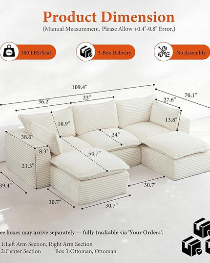 108" Sectional Couches for Living Room Boneless Couch Upholstered Cloud Couch Sectional Modular Sectional Sofa with L Shaped (Corduroy-White, 3 Seat+2 Ottoman)