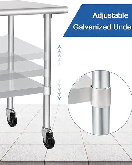 HARDURA Stainless Steel Table with Wheels 24 x 36 Inches Casters NSF Heavy Duty Commercial Work & Prep Table with Undershelf and Galvanized Legs for Restaurant Kitchen Bar and Hotel Garage
